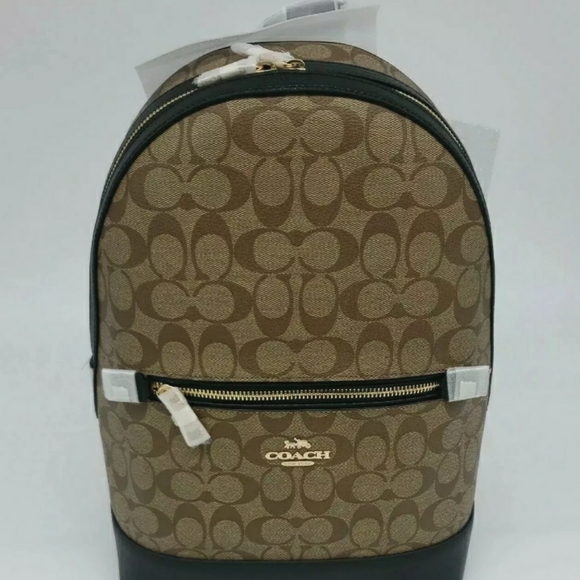 COACH BACKPACK SIGNATURE CANVAS TAN BAG GOLD KHAKI BLACK - Picture 2 of 10